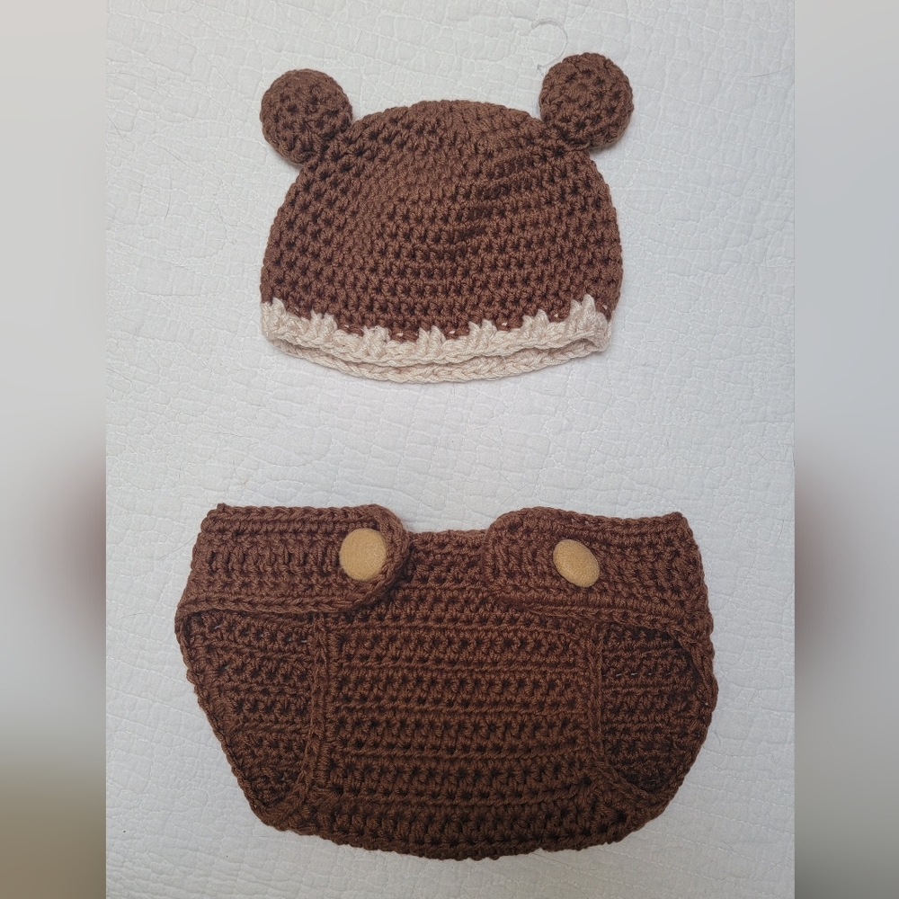 Brown Crochet Baby Hat and Diaper Cover Set